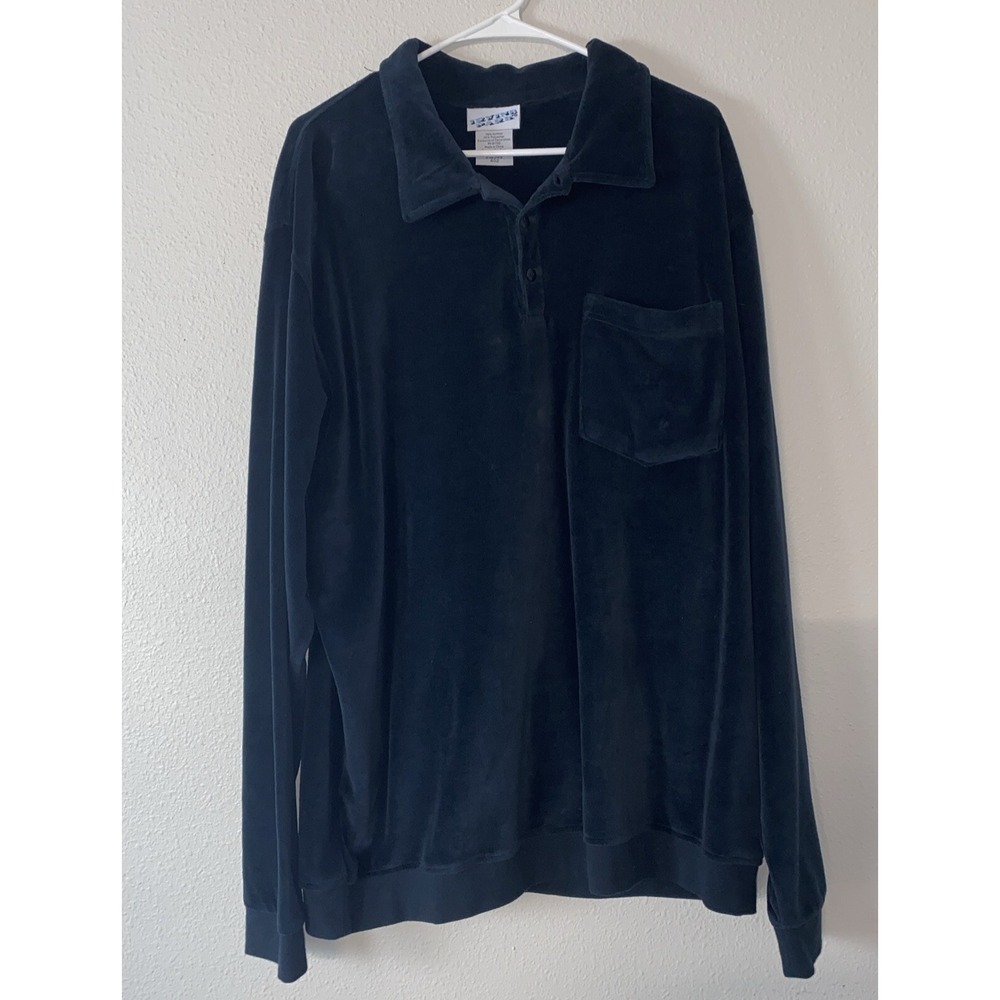 VTG Irvine Park LS Polo Shirt Men XLT Black Velour Cotton Stretch Pullover Disco